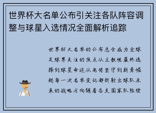 世界杯大名单公布引关注各队阵容调整与球星入选情况全面解析追踪